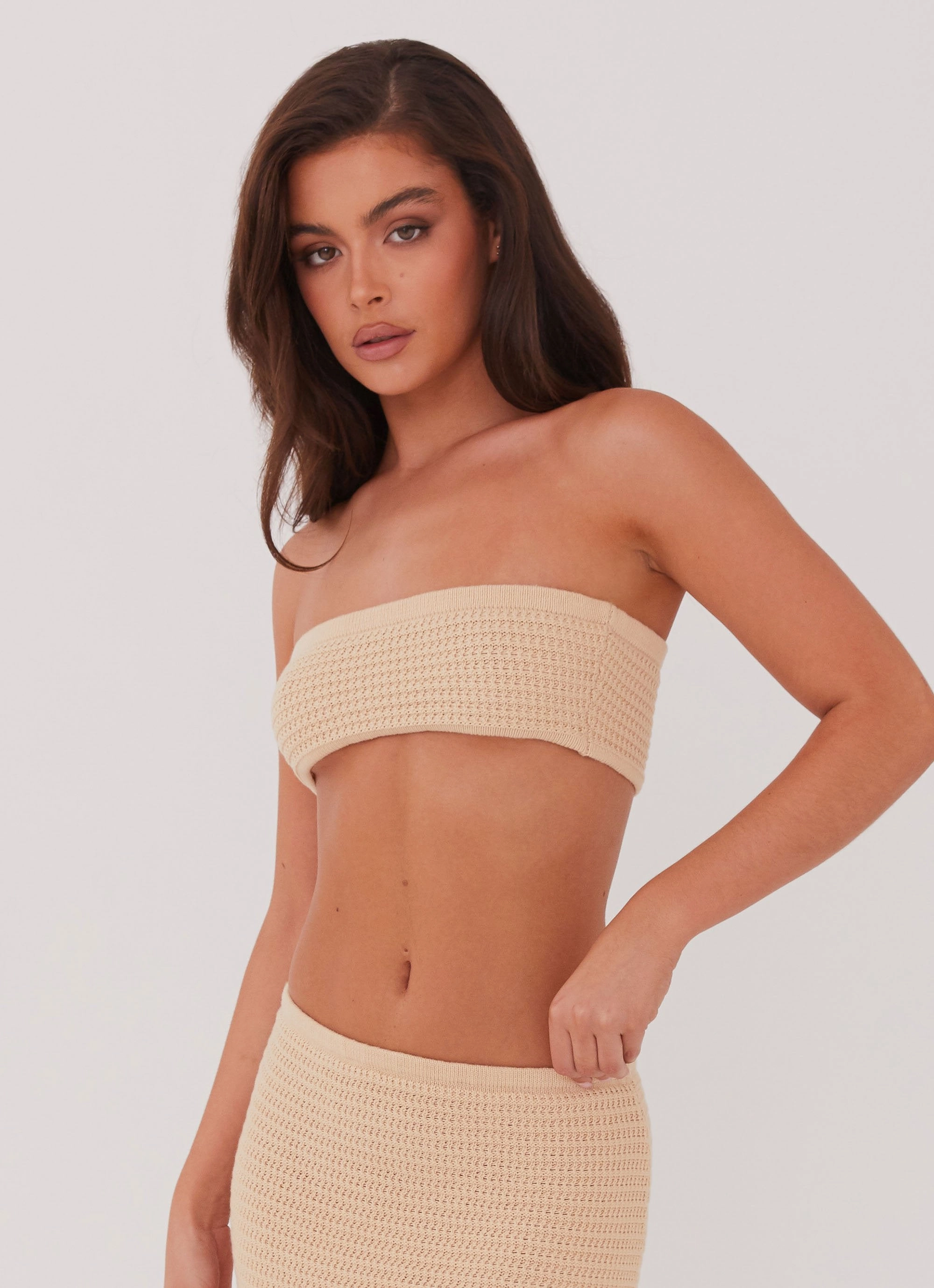 Simple Pullover Emaline Knit Bandeau Top - Beige