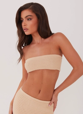 Casual Style DoubleLayeredShoulders Emaline Knit Bandeau Top - Beige
