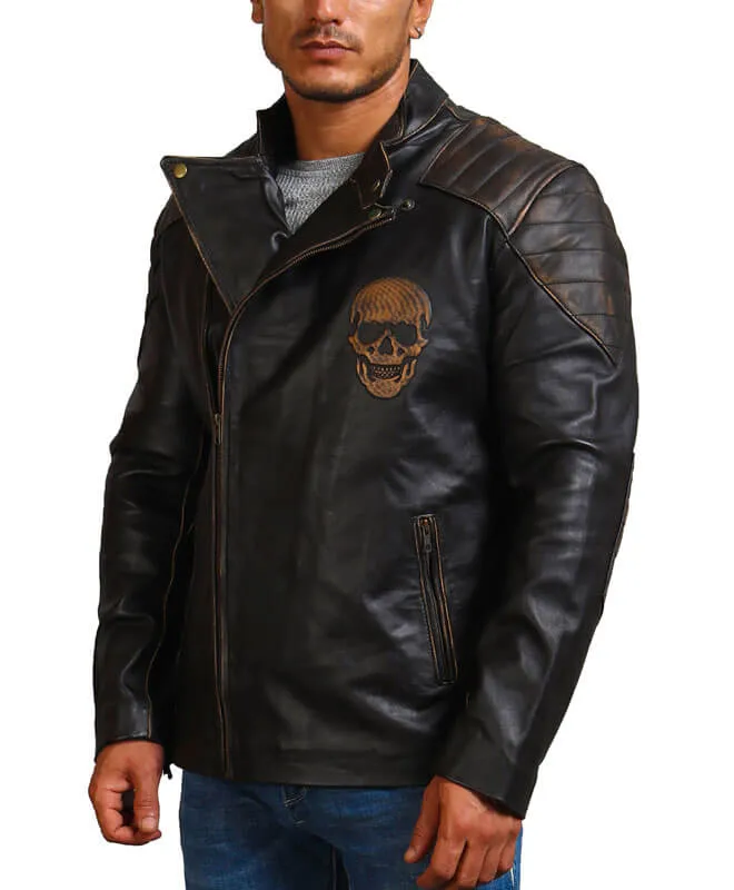 Embossed Skull Biker Leather Jacket