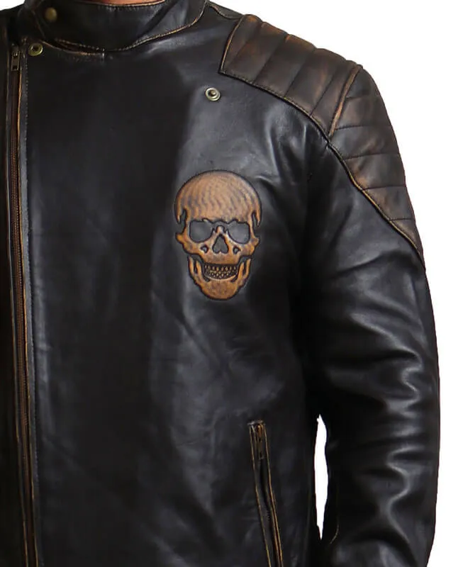 Embossed Skull Biker Leather Jacket