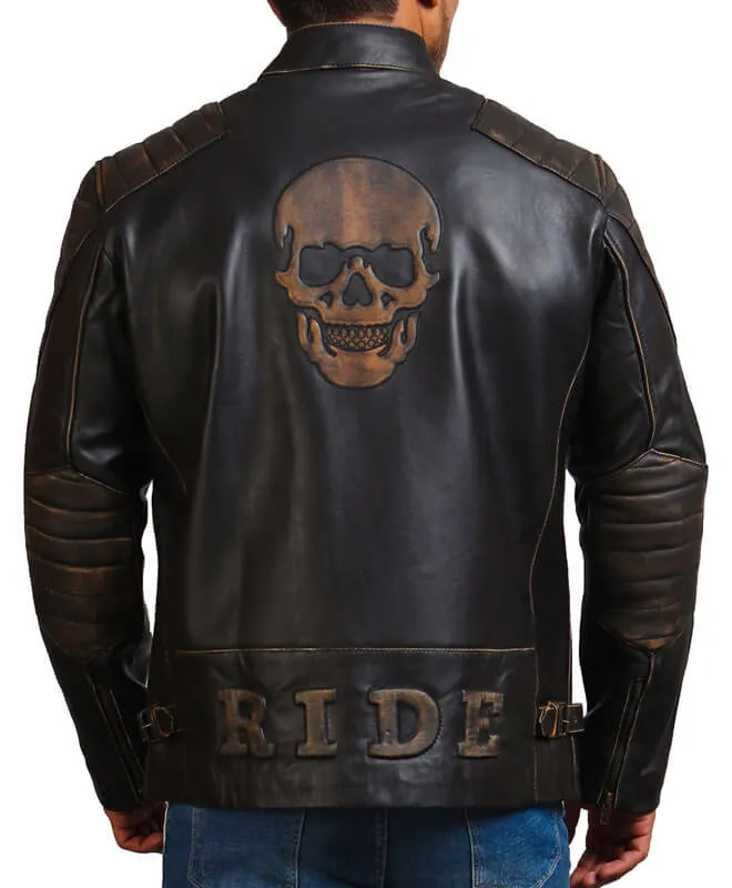 Embossed Skull Biker Leather Jacket
