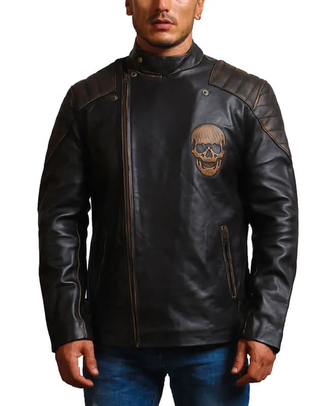 Embossed Skull Biker Leather Jacket