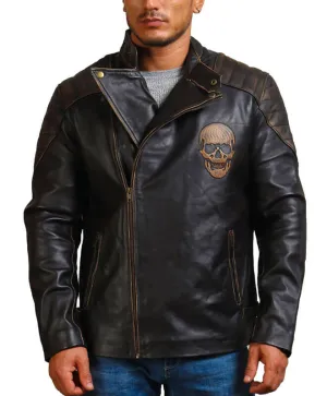 Embossed Skull Biker Leather Jacket