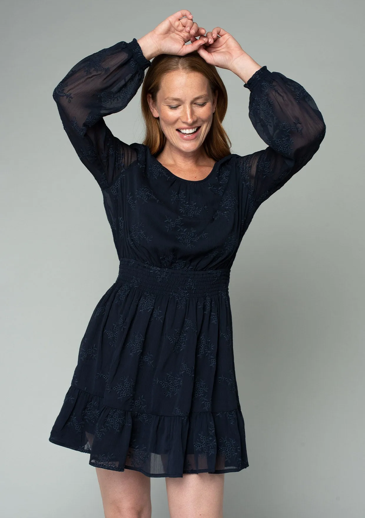Embroidered Sheer Smocked Mini Dress