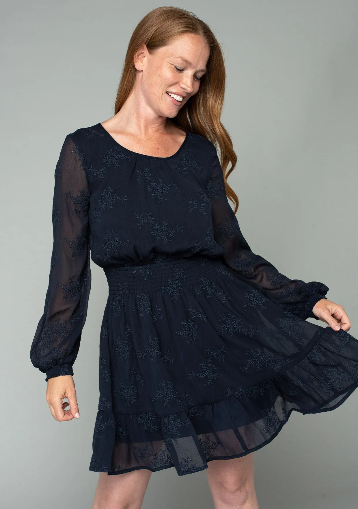 Embroidered Sheer Smocked Mini Dress
