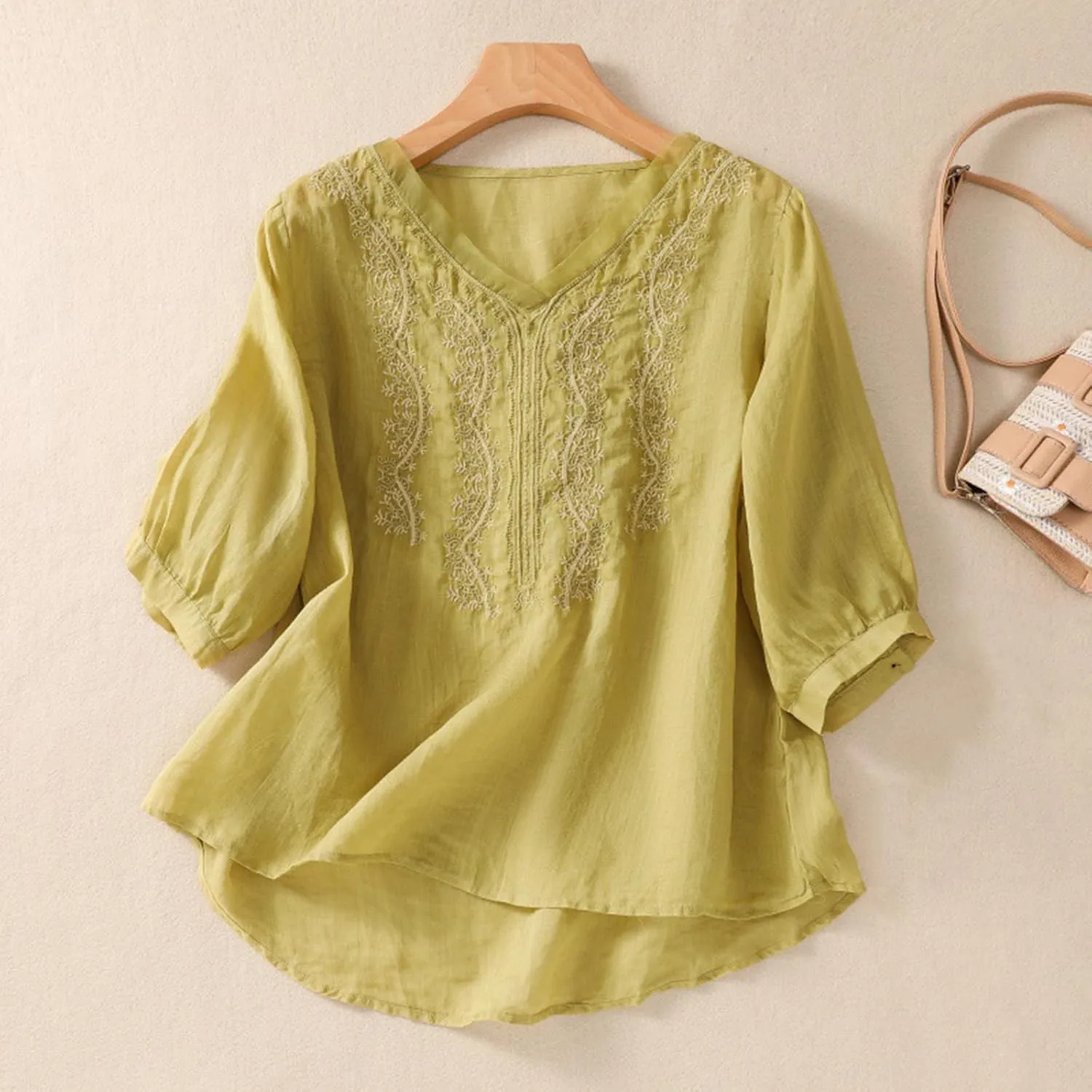 Embroidered Tops for Women Summer Mexican V Neck Blouses Fashion Cotton Linen Short Sleeve Shirt Boho Tees