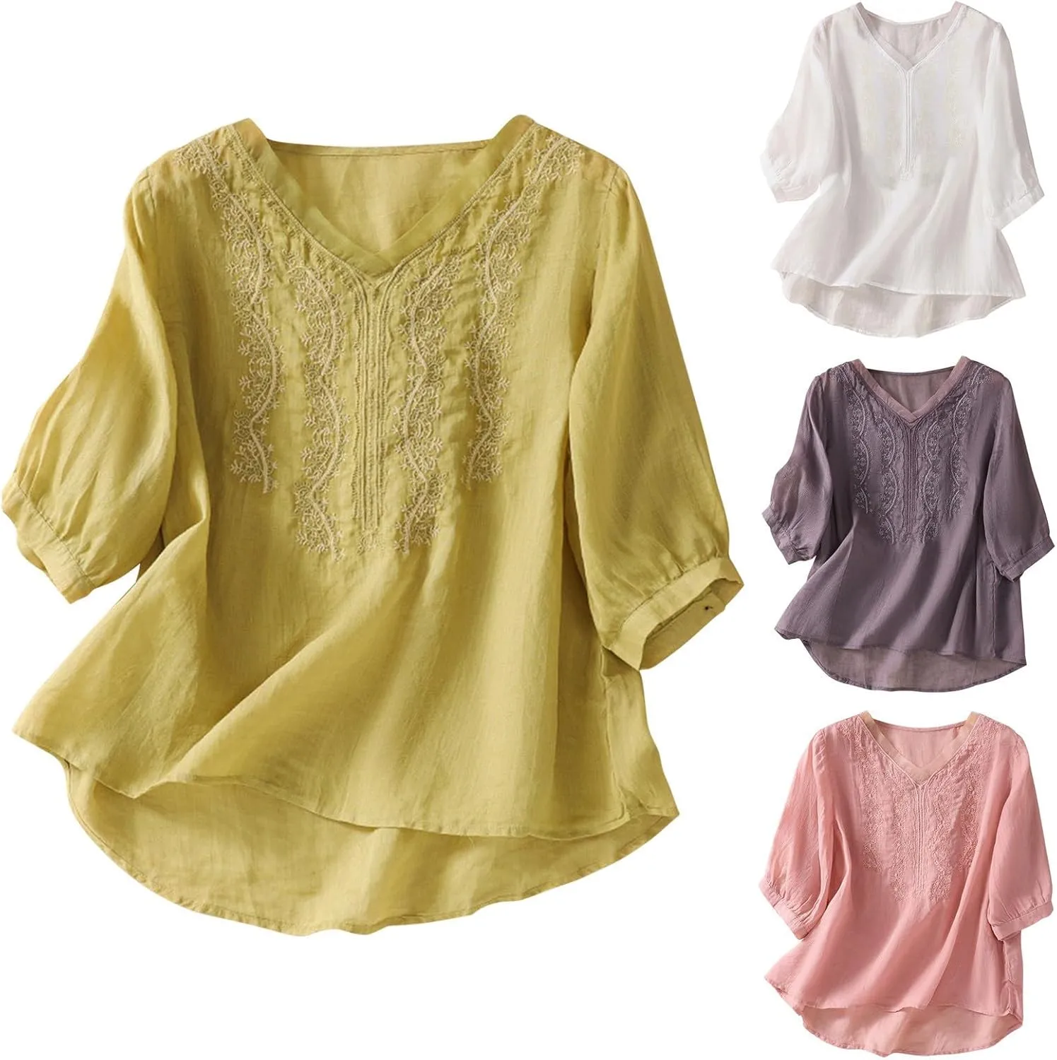 Embroidered Tops for Women Summer Mexican V Neck Blouses Fashion Cotton Linen Short Sleeve Shirt Boho Tees