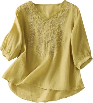 Embroidered Tops for Women Summer Mexican V Neck Blouses Fashion Cotton Linen Short Sleeve Shirt Boho Tees
