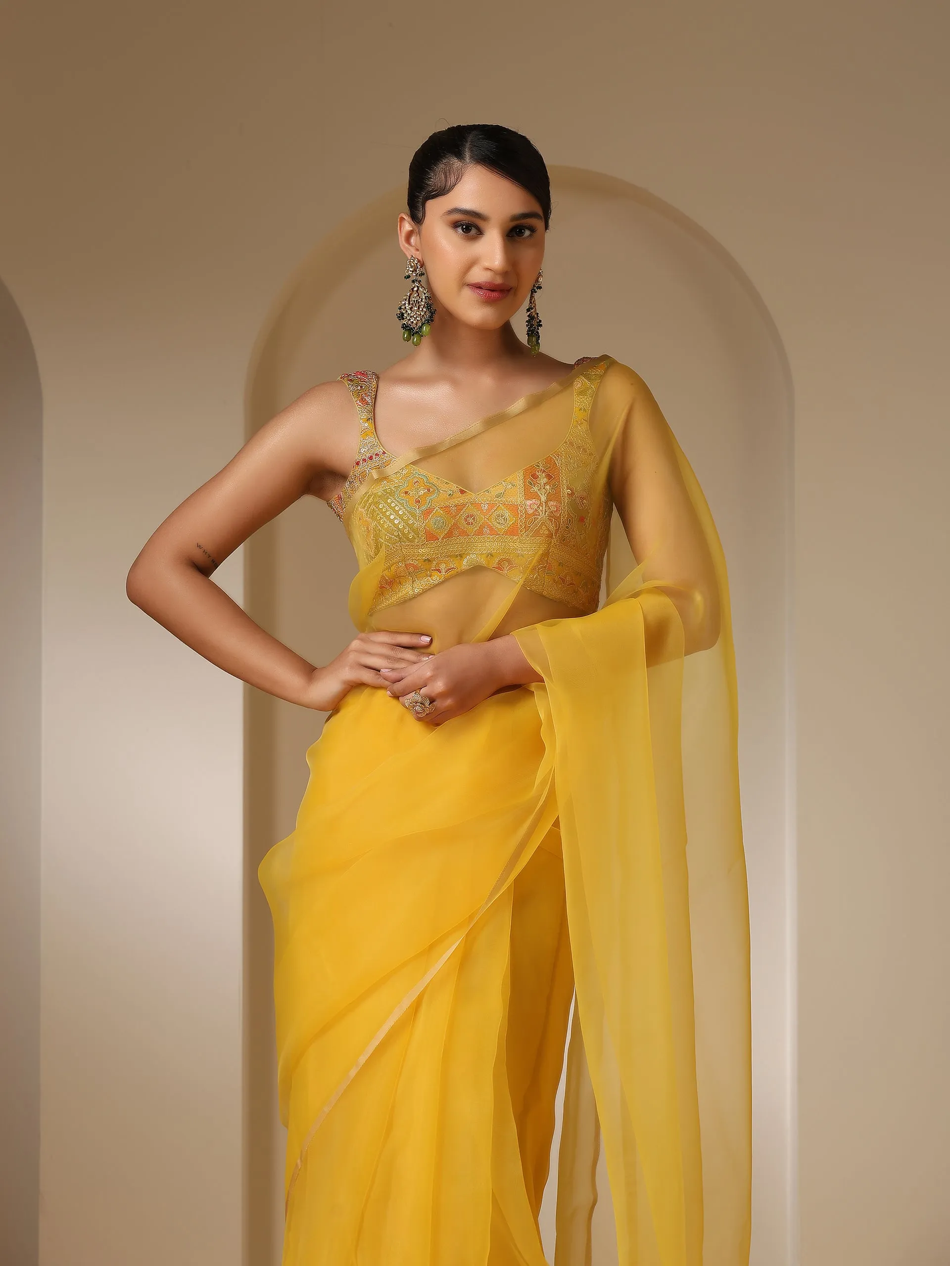 Embroidered Yellow and Green Blouse with Pendant Tie