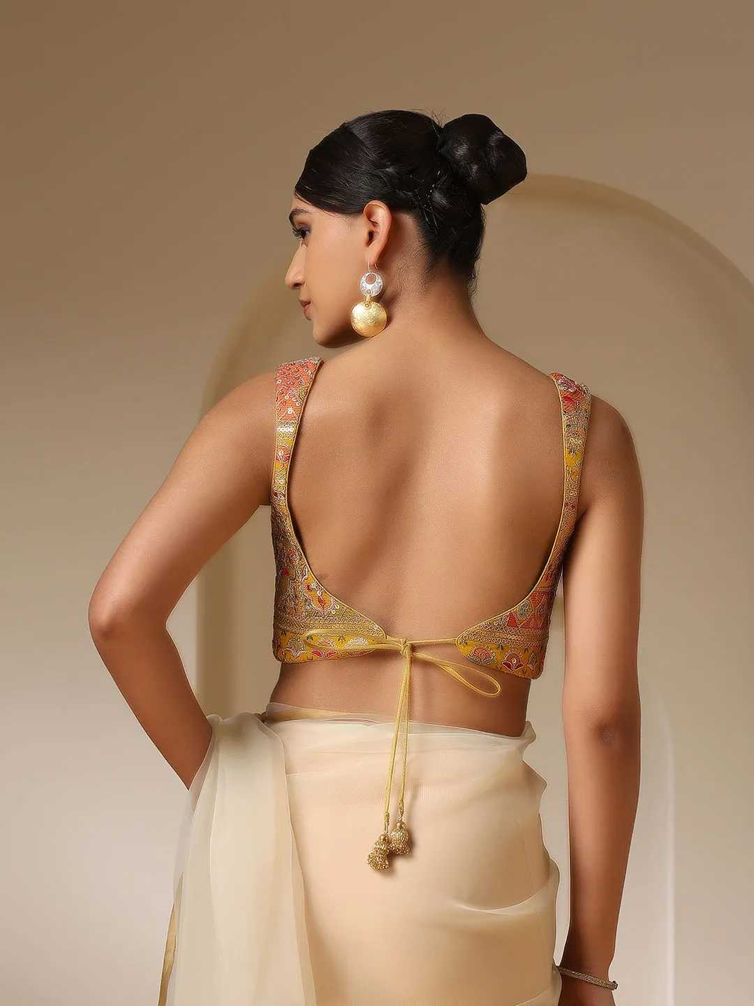 Embroidered Yellow and Green Blouse with Pendant Tie