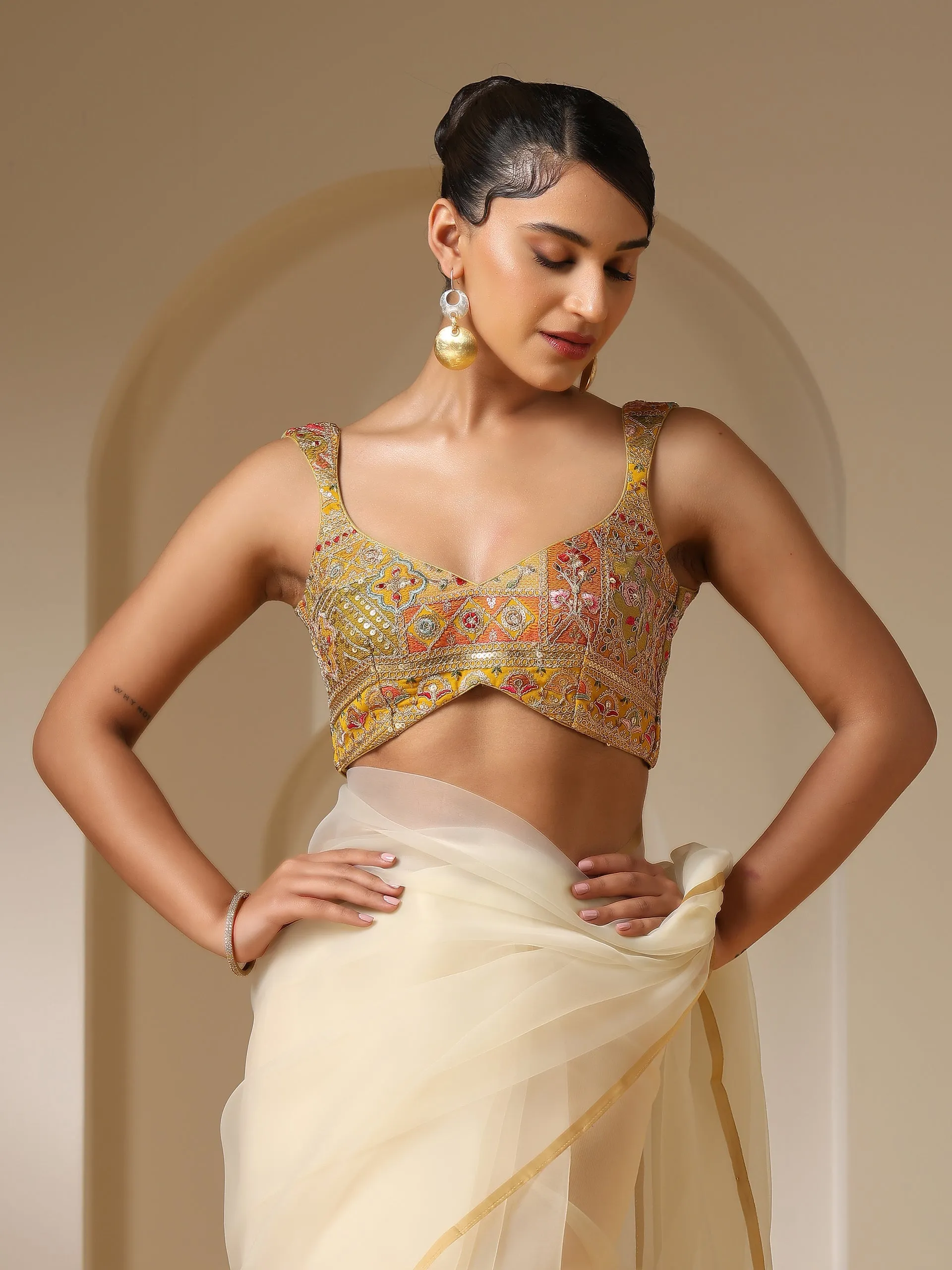 Embroidered Yellow and Green Blouse with Pendant Tie