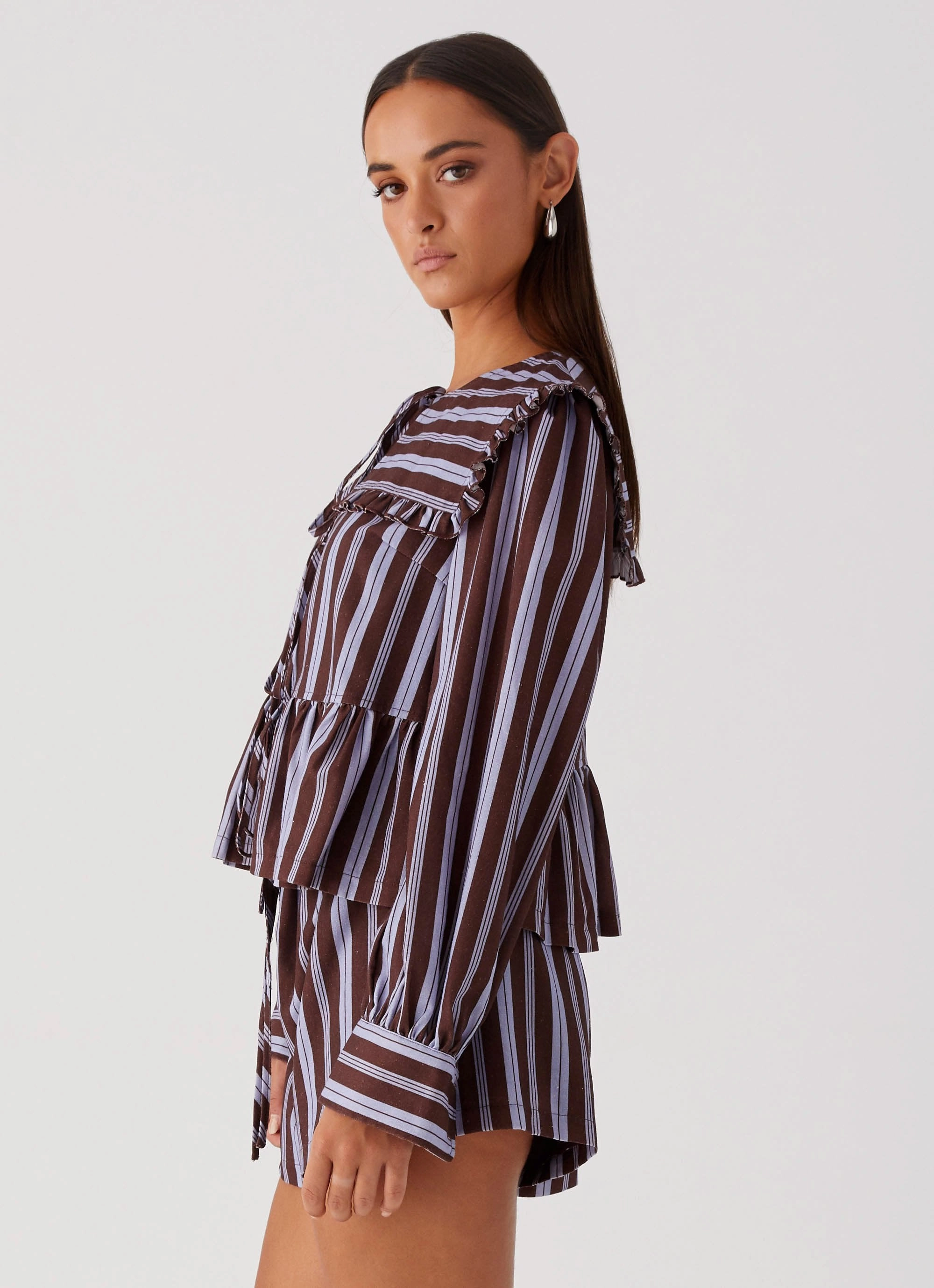 Emerson Tie Front Long Sleeve Top - Purple Brown Stripe QuickReleaseFastenings