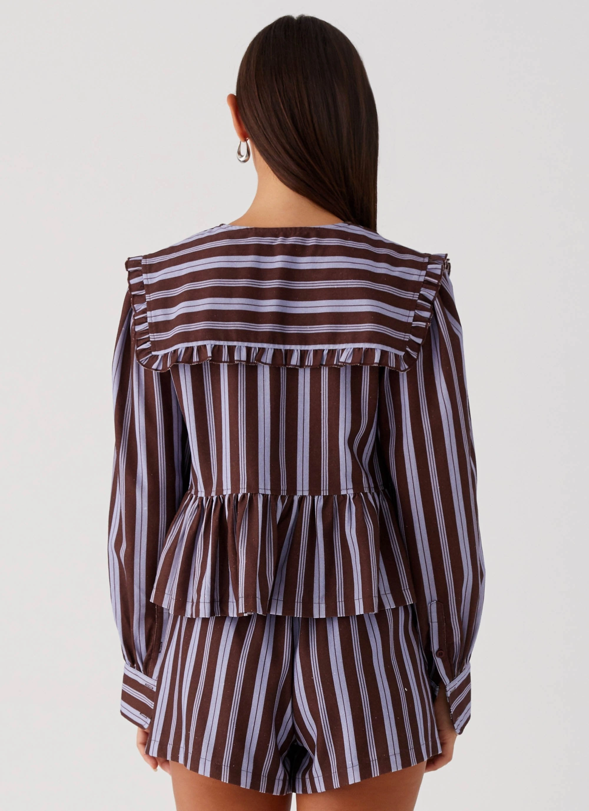 GarmentWashedFinish Emerson Tie Front Long Sleeve Top - Purple Brown Stripe