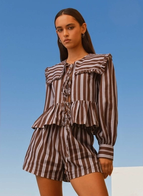 Printed Blouse Emerson Tie Front Long Sleeve Top - Purple Brown Stripe