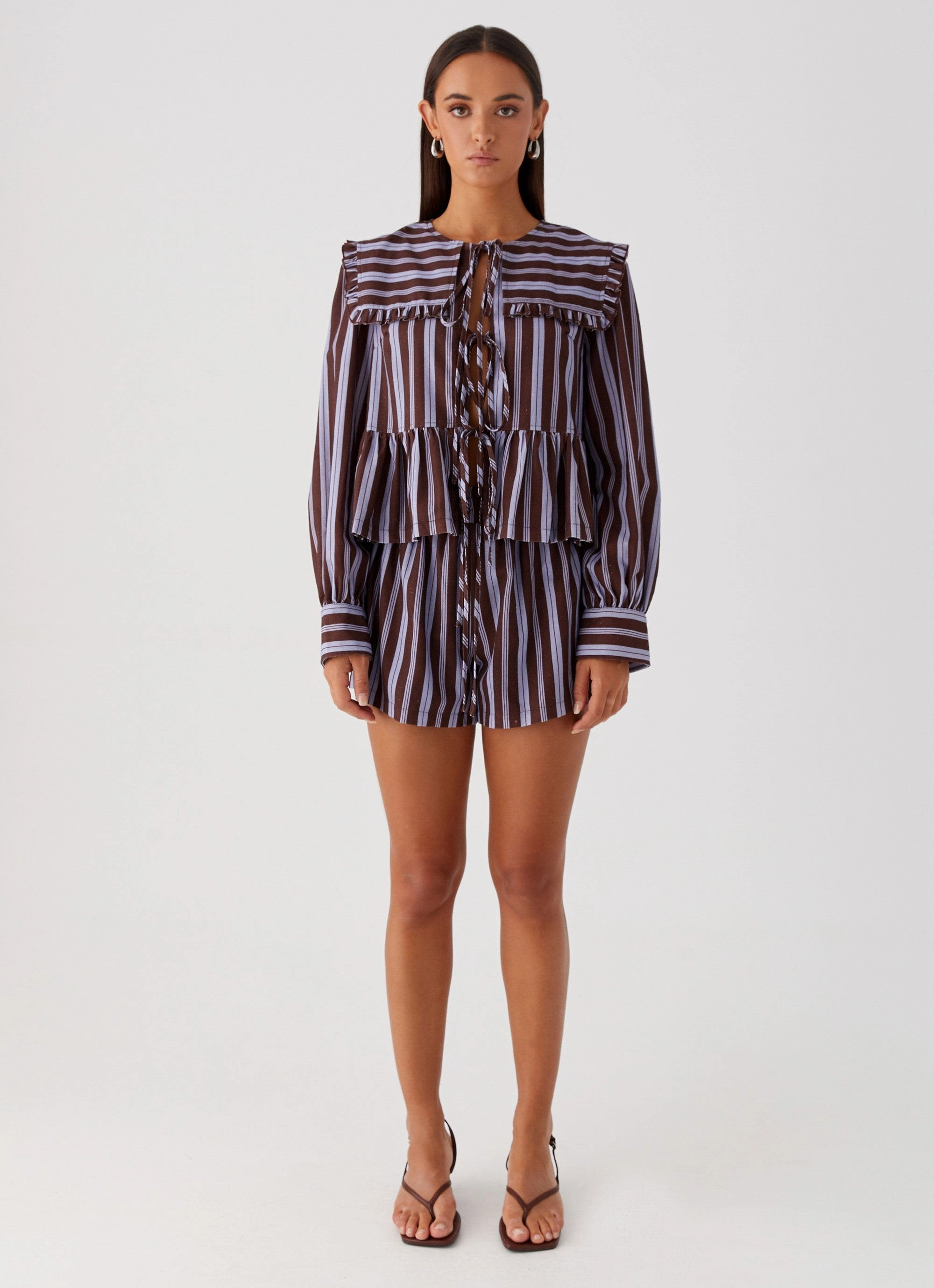 Emerson Tie Front Long Sleeve Top - Purple Brown Stripe NonToxic Certification