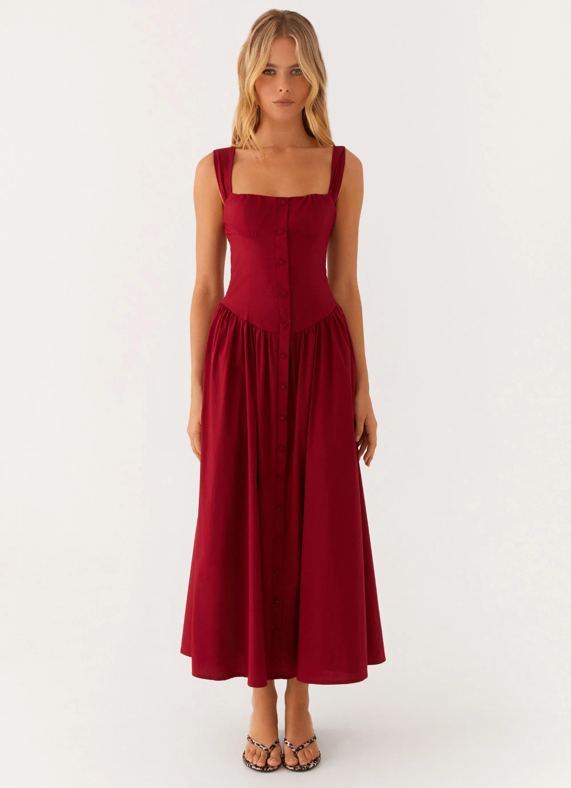 Emmalina Midi Dress - Deep Red Textured Flow Halter-Neck