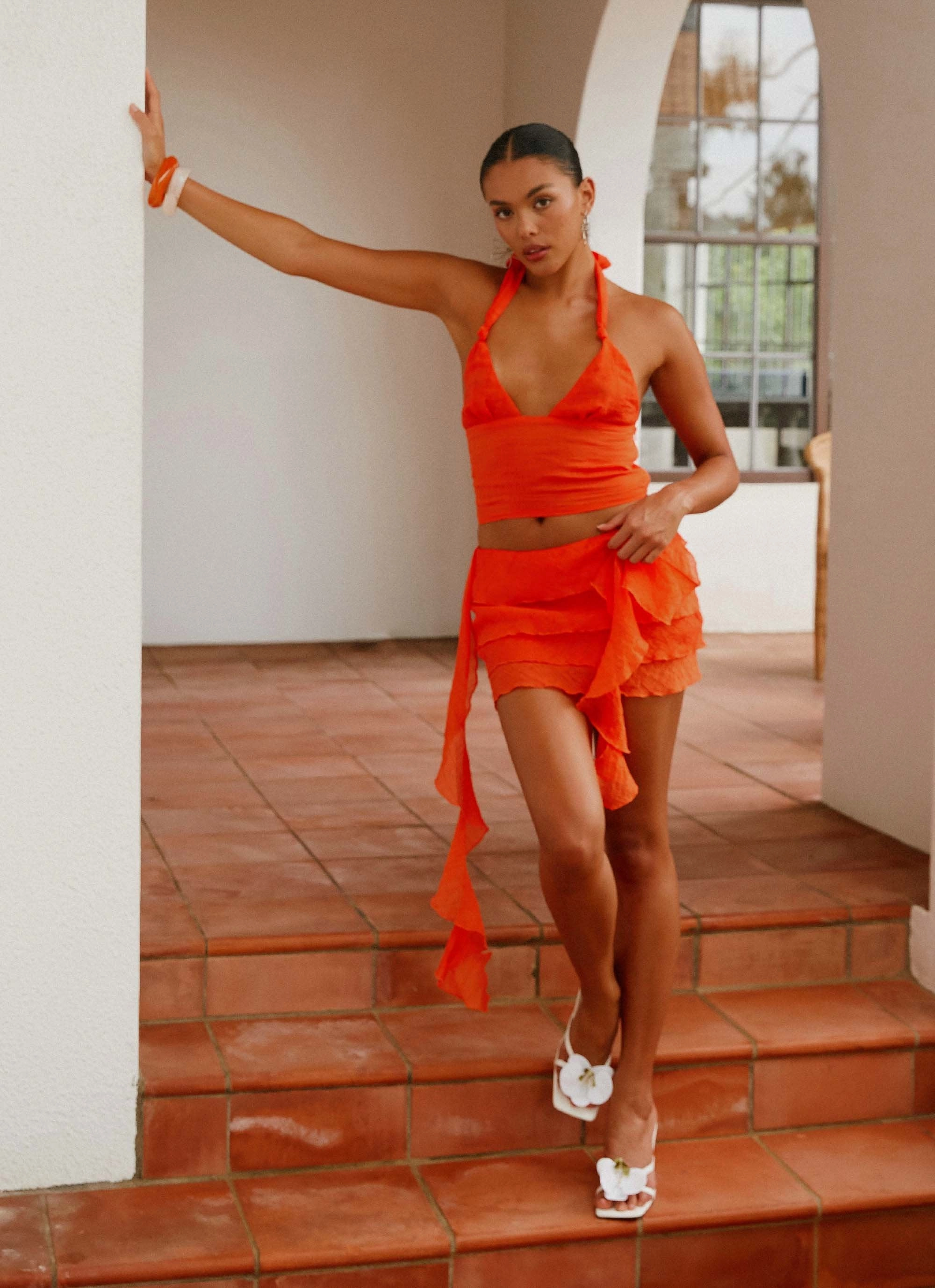 End Of Us Mini Skirt - Orange Slimline Fit Minimal Cut