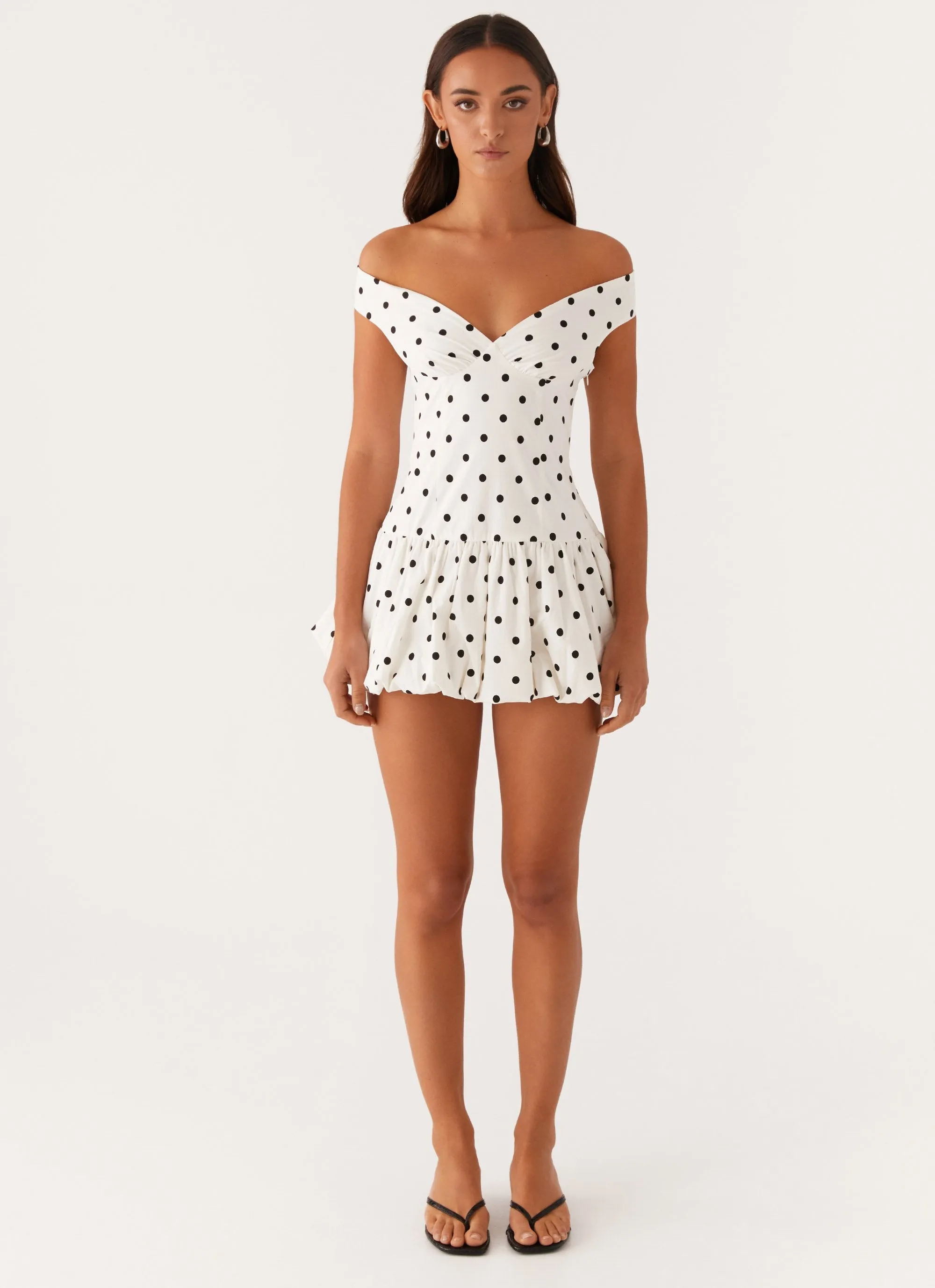 Cozy Cut Polite Tone Endless Romance Off Shoulder Mini Dress - White Polka Dot