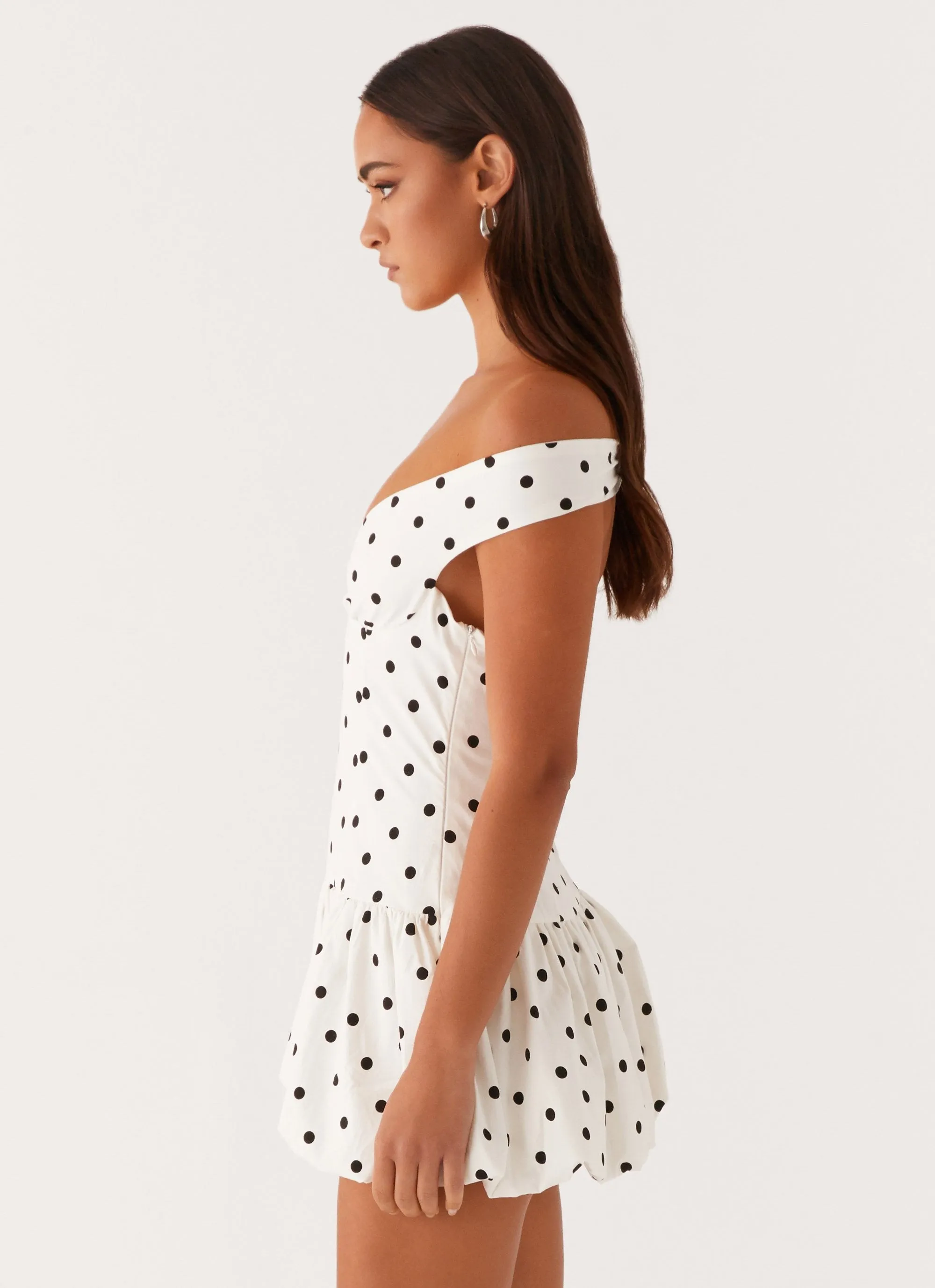 Confident Touch Endless Romance Off Shoulder Mini Dress - White Polka Dot