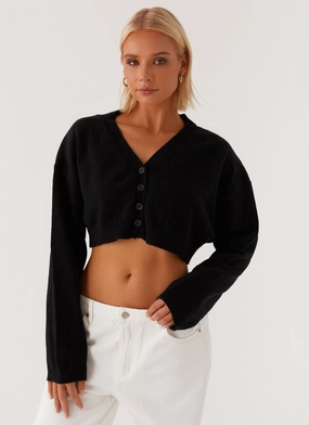 Endlessly Cropped Cardigan - Black Shawl Lapel Elastic Binding