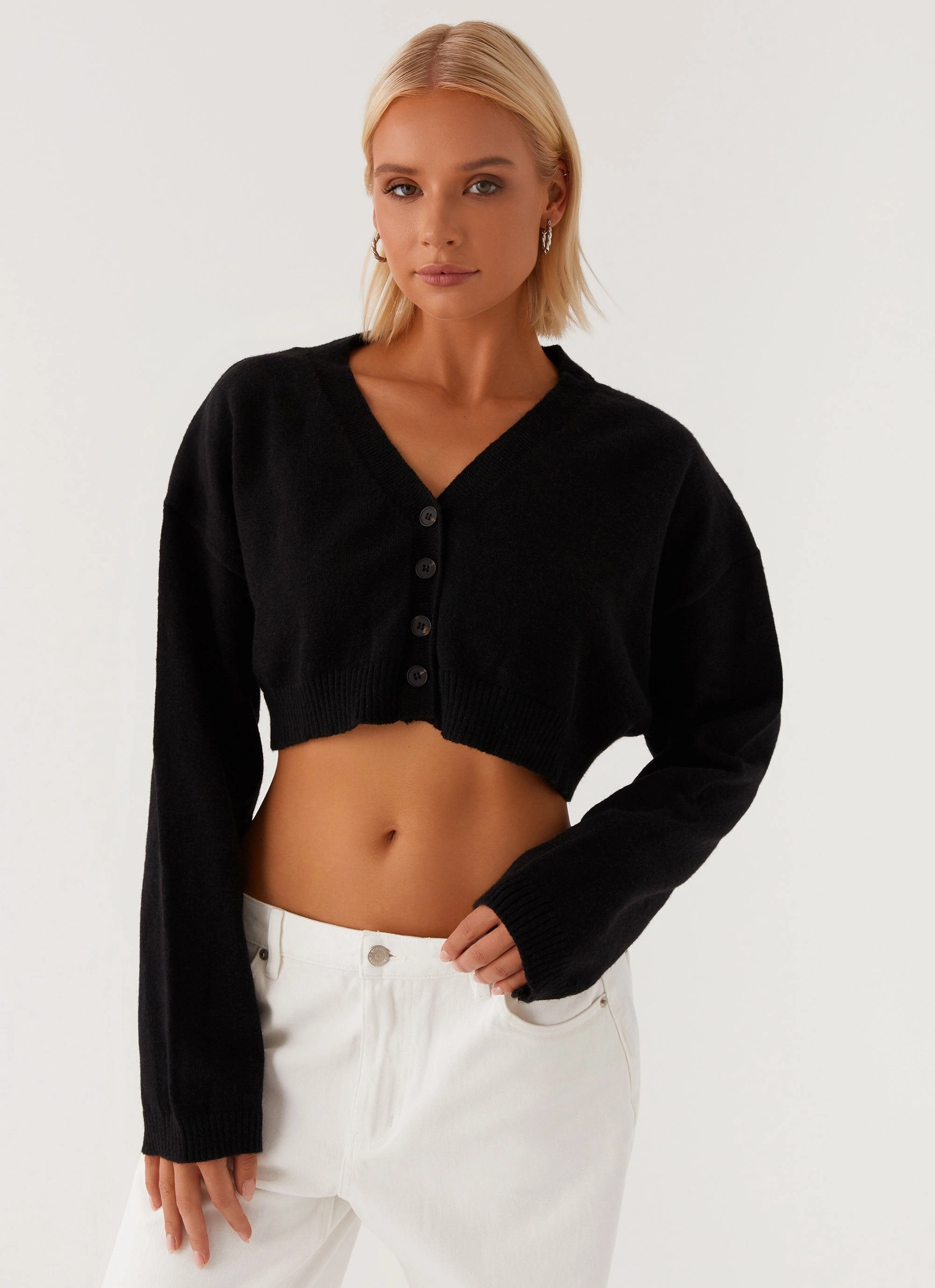 Endlessly Cropped Cardigan - Black Shawl Lapel Elastic Binding