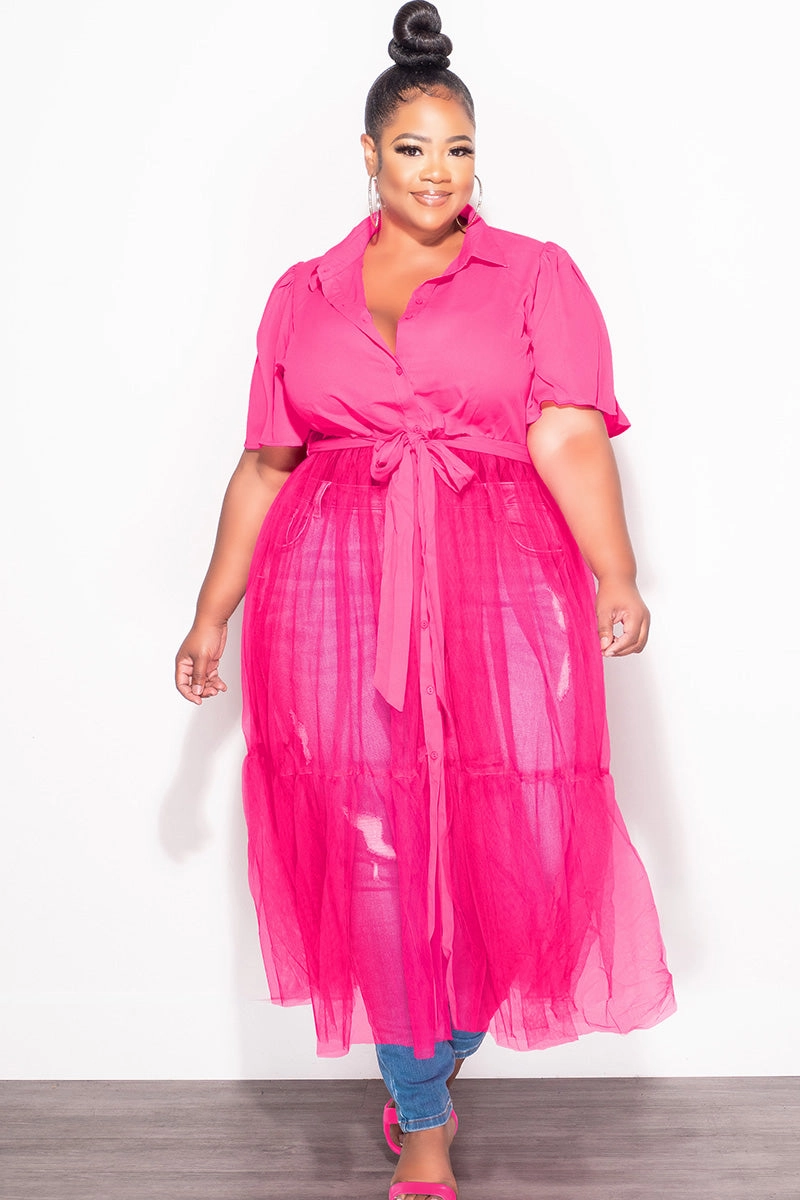 Bold Design Tough Flex Final Sale Plus Size Top with Sheer Detail in Fuchsia