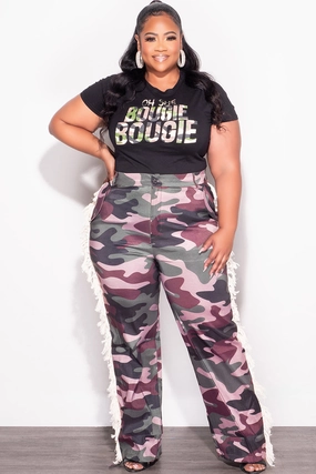 Rubberized Hem Durable Weave Final Sale Plus Size Pants with Fringe High Waist in Camo