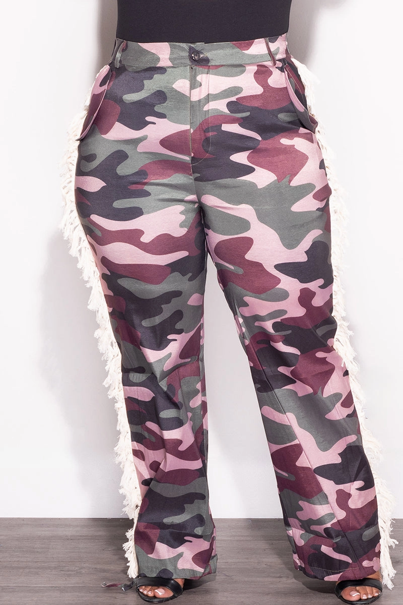 Fast Move Flattering Cut Final Sale Plus Size Pants with Fringe High Waist in Camo