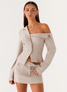 Looking Good Off Shoulder Blazer - Pebble Temperature Regulating Membrane TearResistantFabric