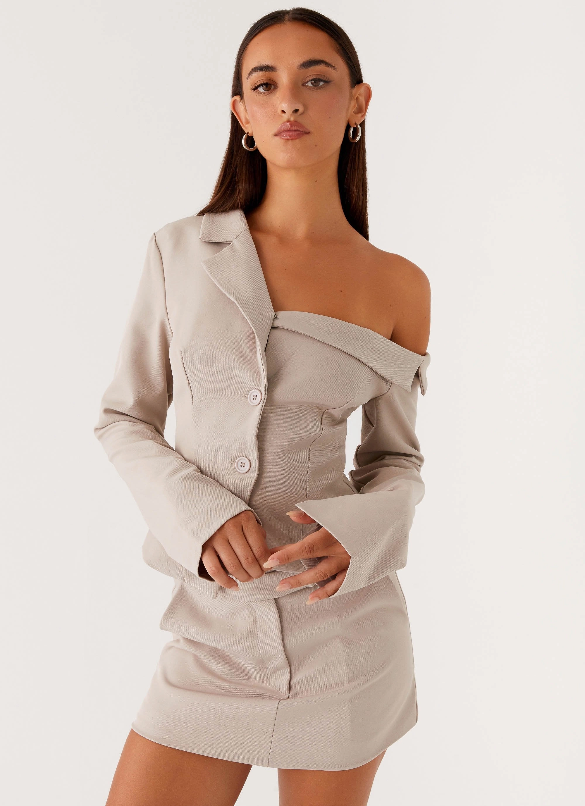 Looking Good Off Shoulder Blazer - Pebble ElasticCuffs
