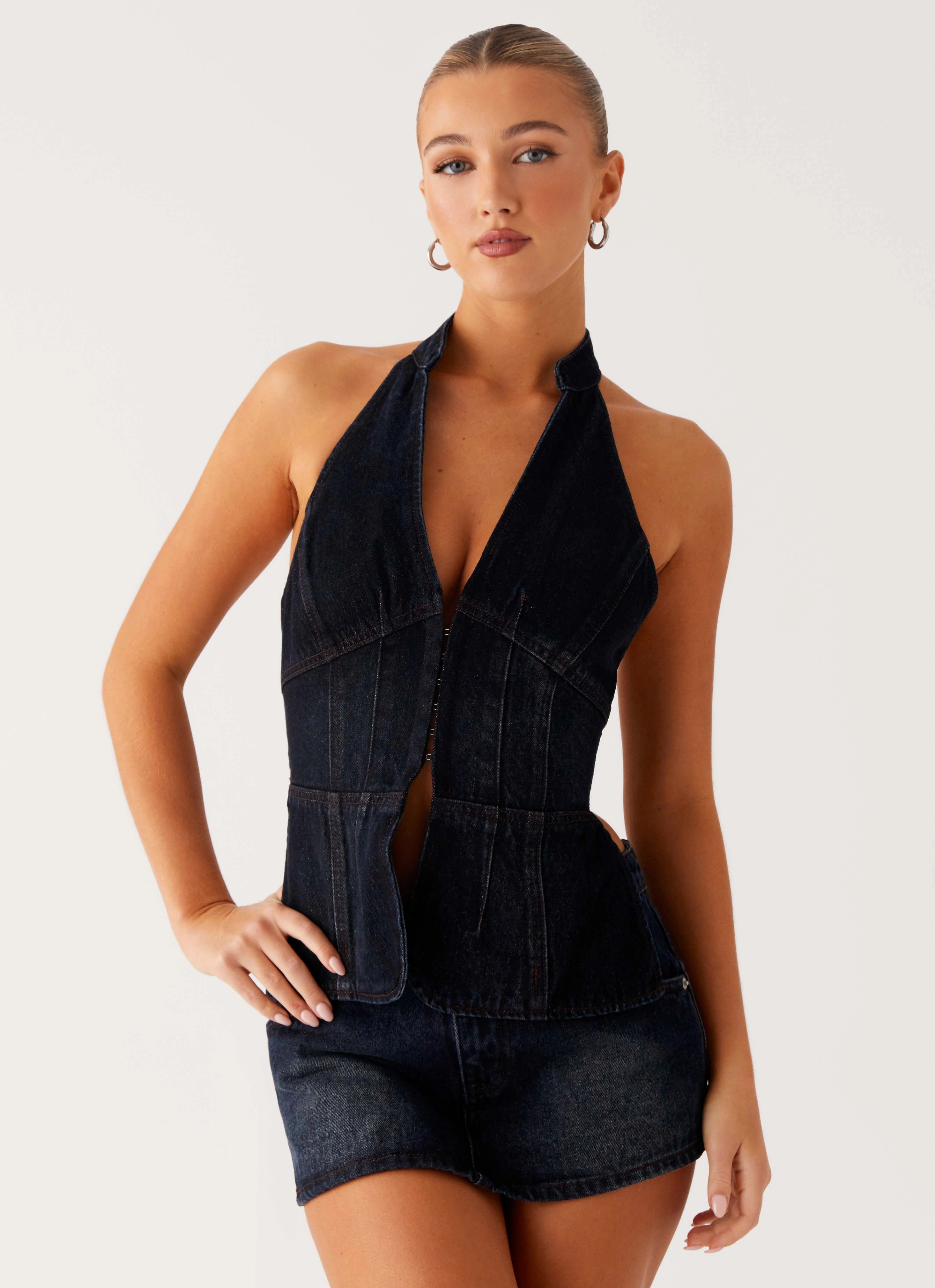 Esma Halter Top - Washed Dark Blue Garment Washed V Neck Design