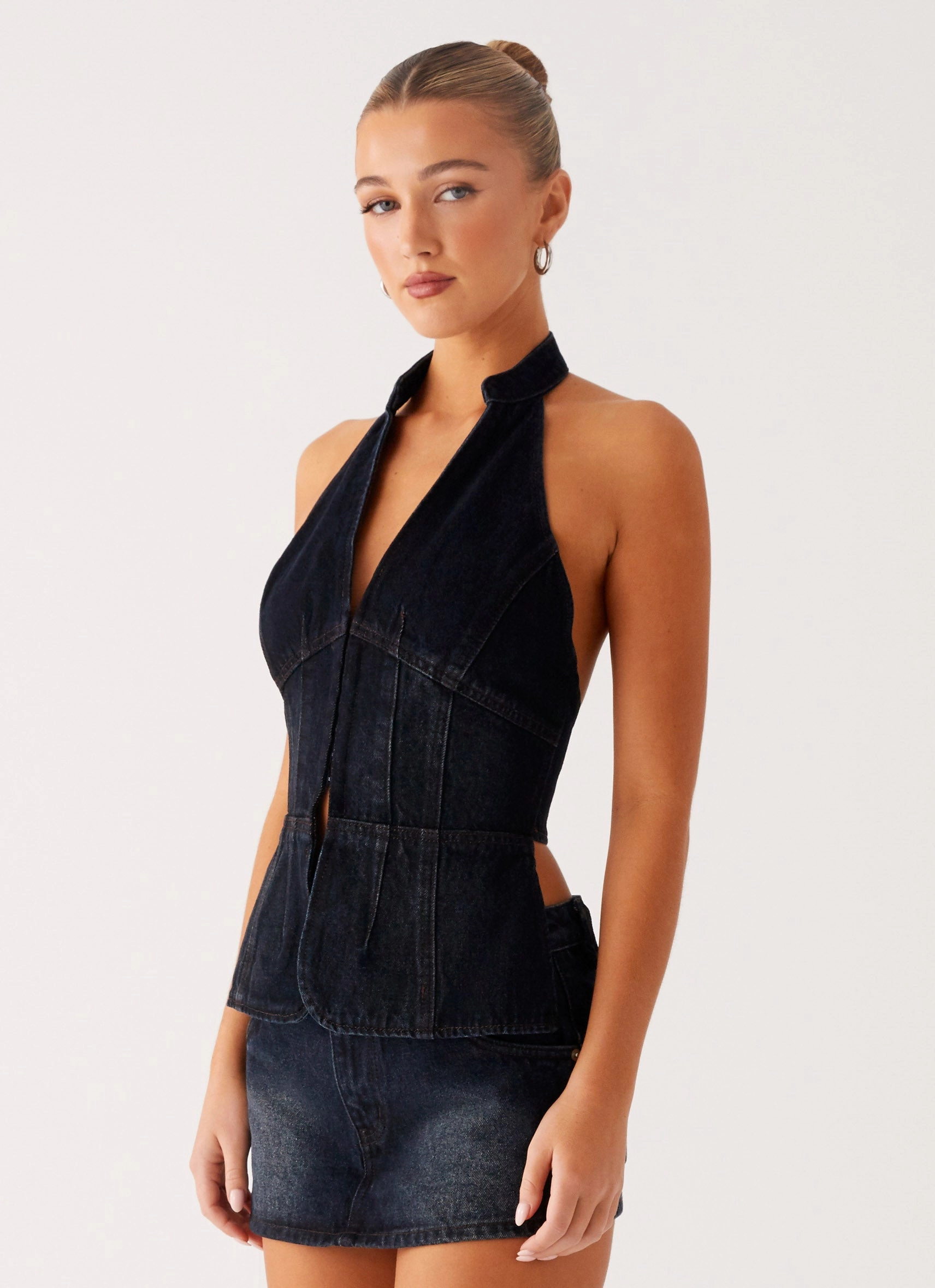 DroppedShoulder Esma Halter Top - Washed Dark Blue