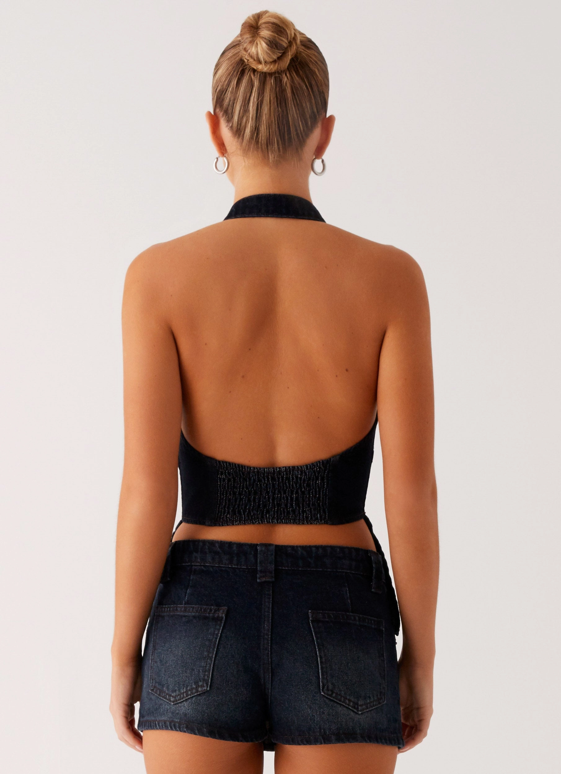 Esma Halter Top - Washed Dark Blue Bound Seam Edges