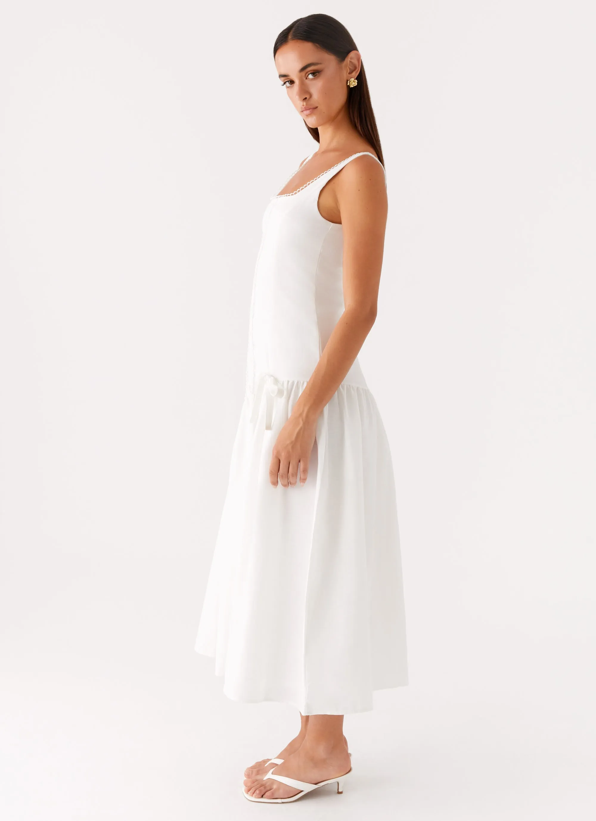 Esmerelda Midi Dress - White Elastic-Cuff Casual Elegance