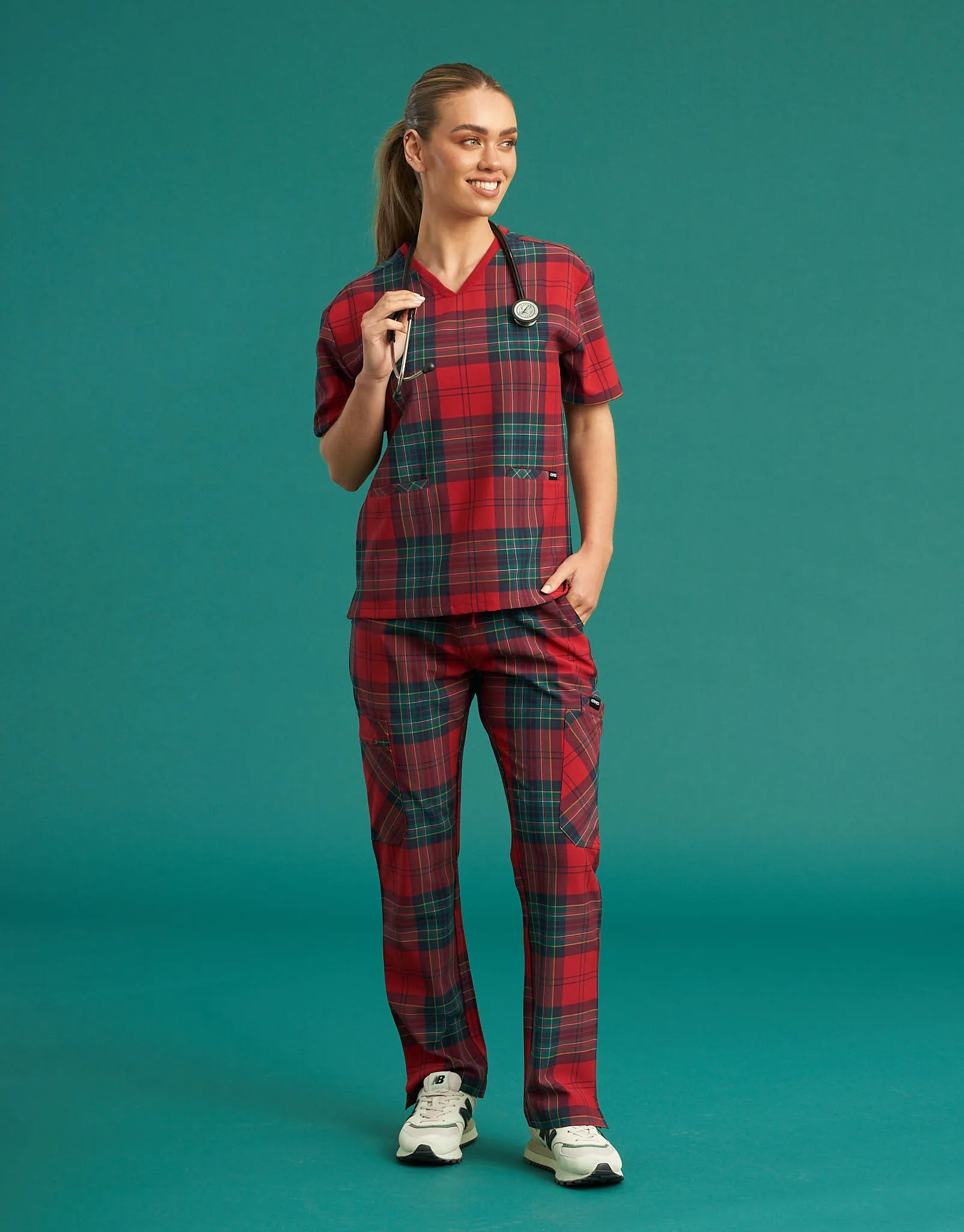 Essential Multi-Pocket Scrub Pants - Christmas Red Tartan