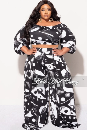 Versatile Look Final Sale Plus Size 2pc Puffy Sleeve Crop Top and Palazzo Pants Set in Black and White