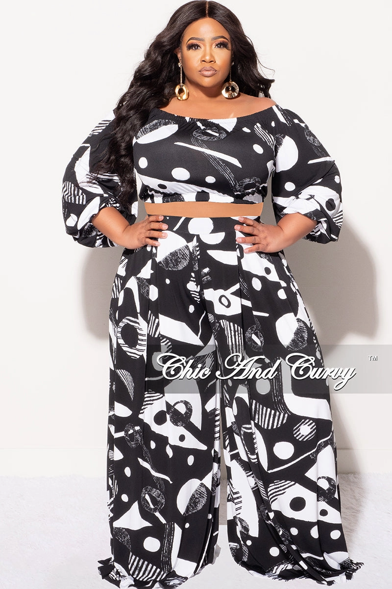 Versatile Look Final Sale Plus Size 2pc Puffy Sleeve Crop Top and Palazzo Pants Set in Black and White