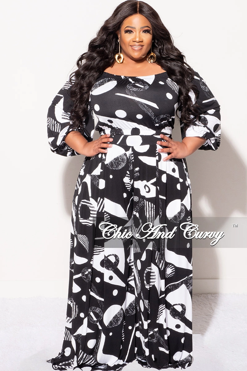 Tear Resistant Final Sale Plus Size 2pc Puffy Sleeve Crop Top and Palazzo Pants Set in Black and White