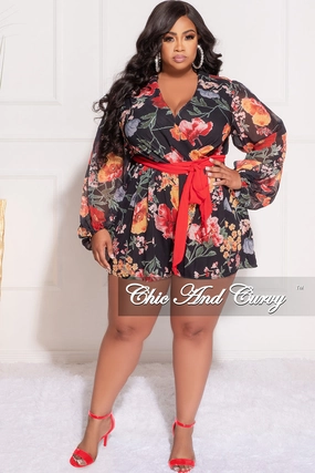 Final Sale Plus Size Faux Wrap Chiffon Romper in Black Multi Floral Print ResilientElasticBand Flexible Wear