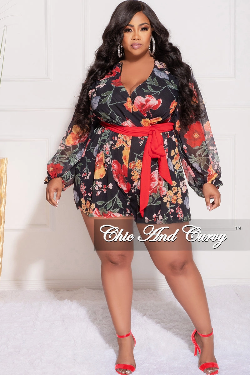High Rise Final Sale Plus Size Faux Wrap Chiffon Romper in Black Multi Floral Print