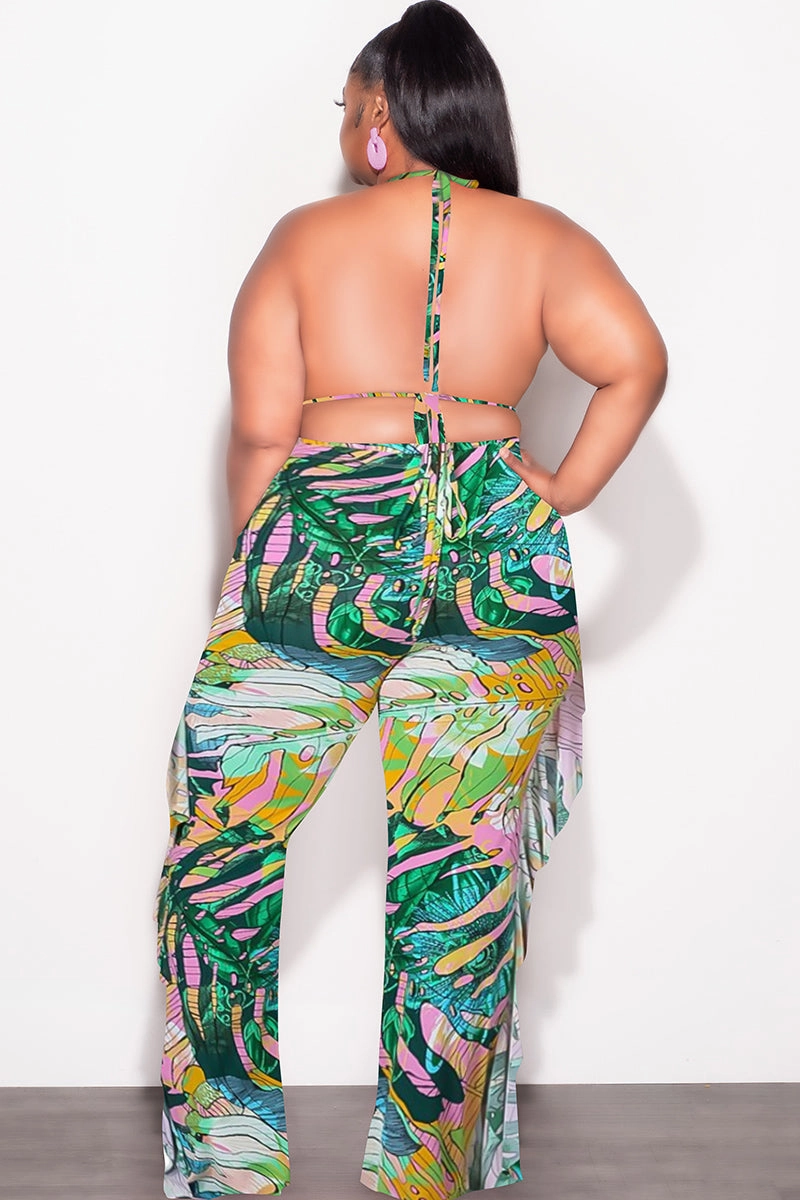 Final Sale Plus Size 3pc Poolside Playsuit (Bikini Top, High Waist Bottoms & Pants) Set in Pink & Green Print Rubberized Hem Cooling Fabric