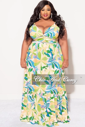 Office Friendly Final Sale Plus Size Sleeveless Tiered Maxi Dress In Yellow and Green Floral Multi Color Print