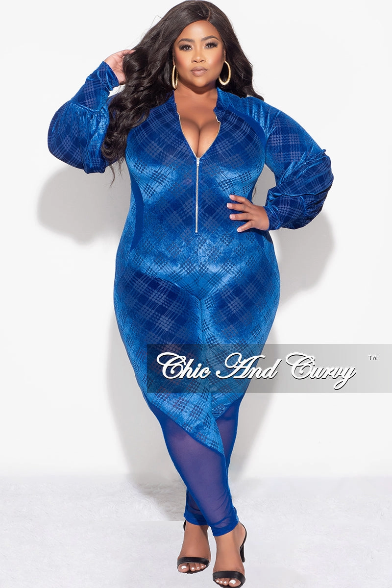 Cool Weather Comfy Feel Final Sale Plus Size Velvet Mesh Contrast Zip-Up Jumpsuit in Royal Blue