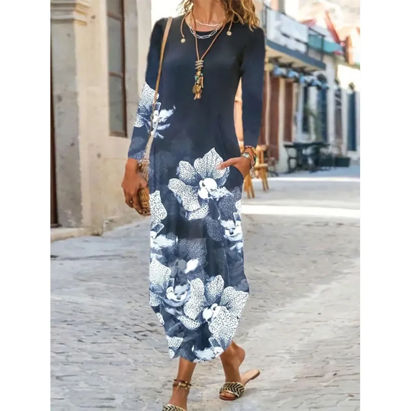 Ethnic Wind Printed Long-Sleeved Dresses Wholesale Women Clothing