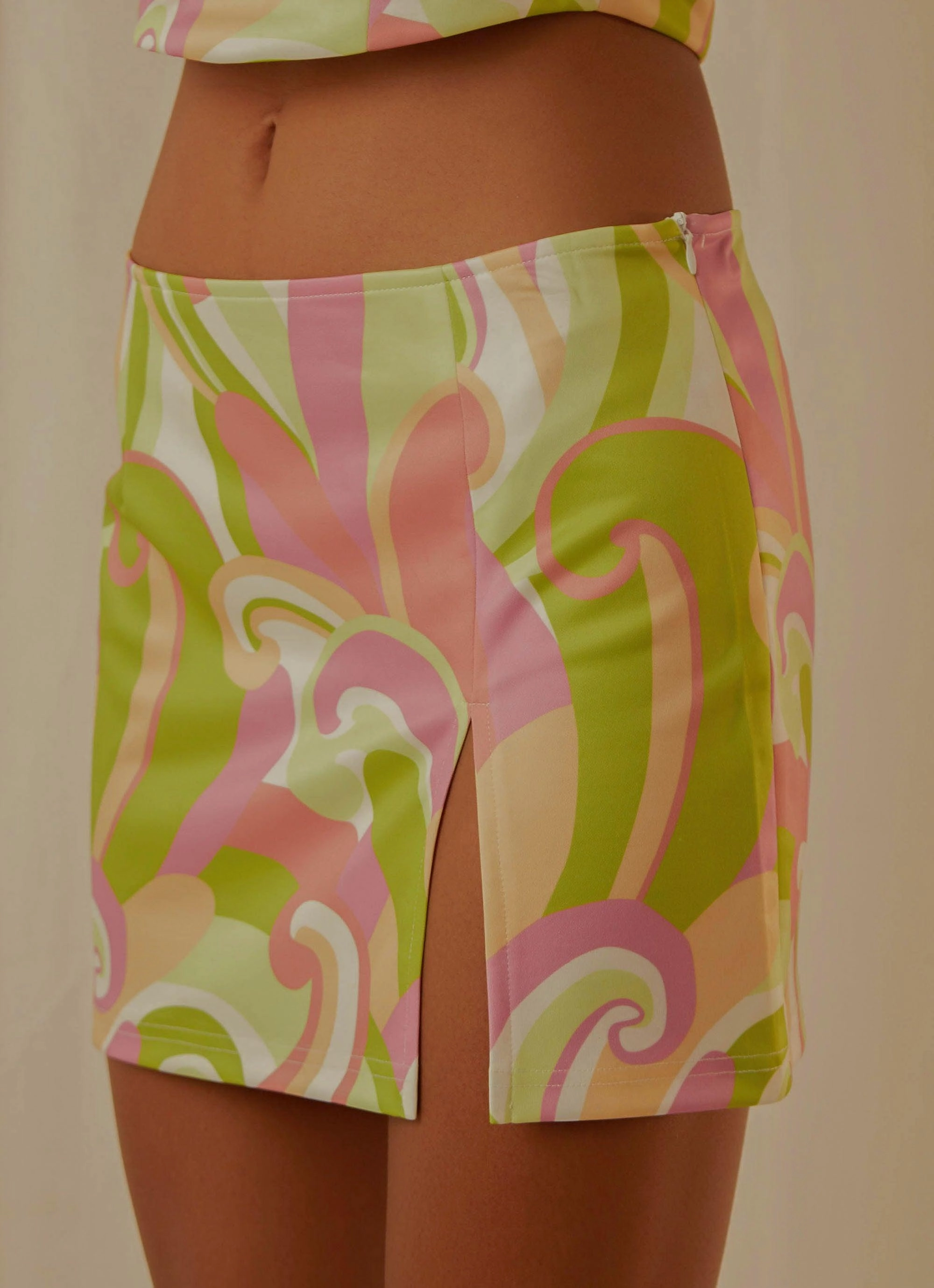 Euphoria Low Rise Mini Skirt - Retro Swirl Flattering Cut
