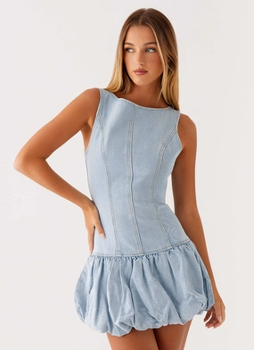Meg Bubble Denim Mini Dress - Blue Linen Love