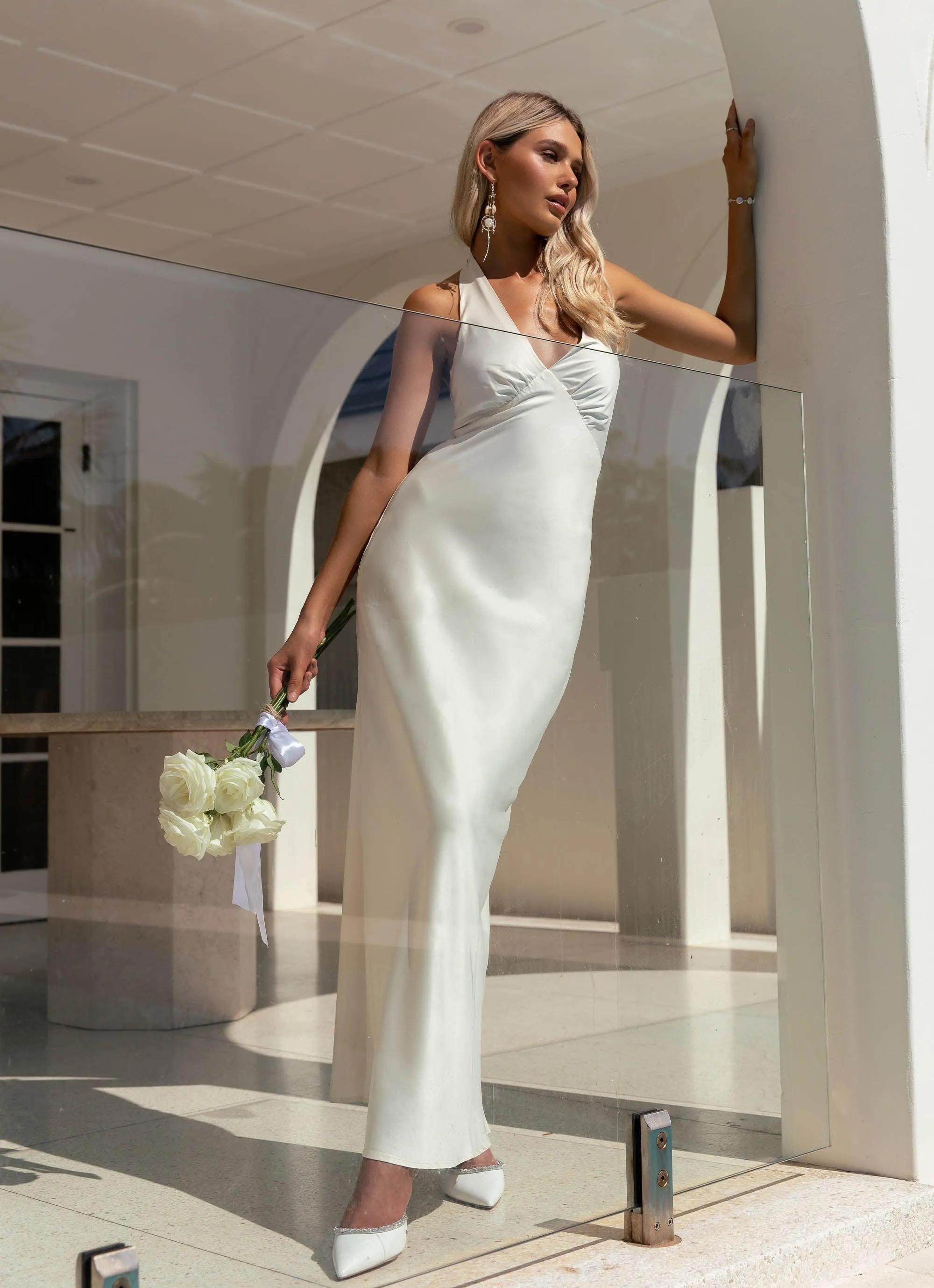 Heavy Hearted Satin Maxi Dress - Pearl Natural Silhouette Invisible-Zip