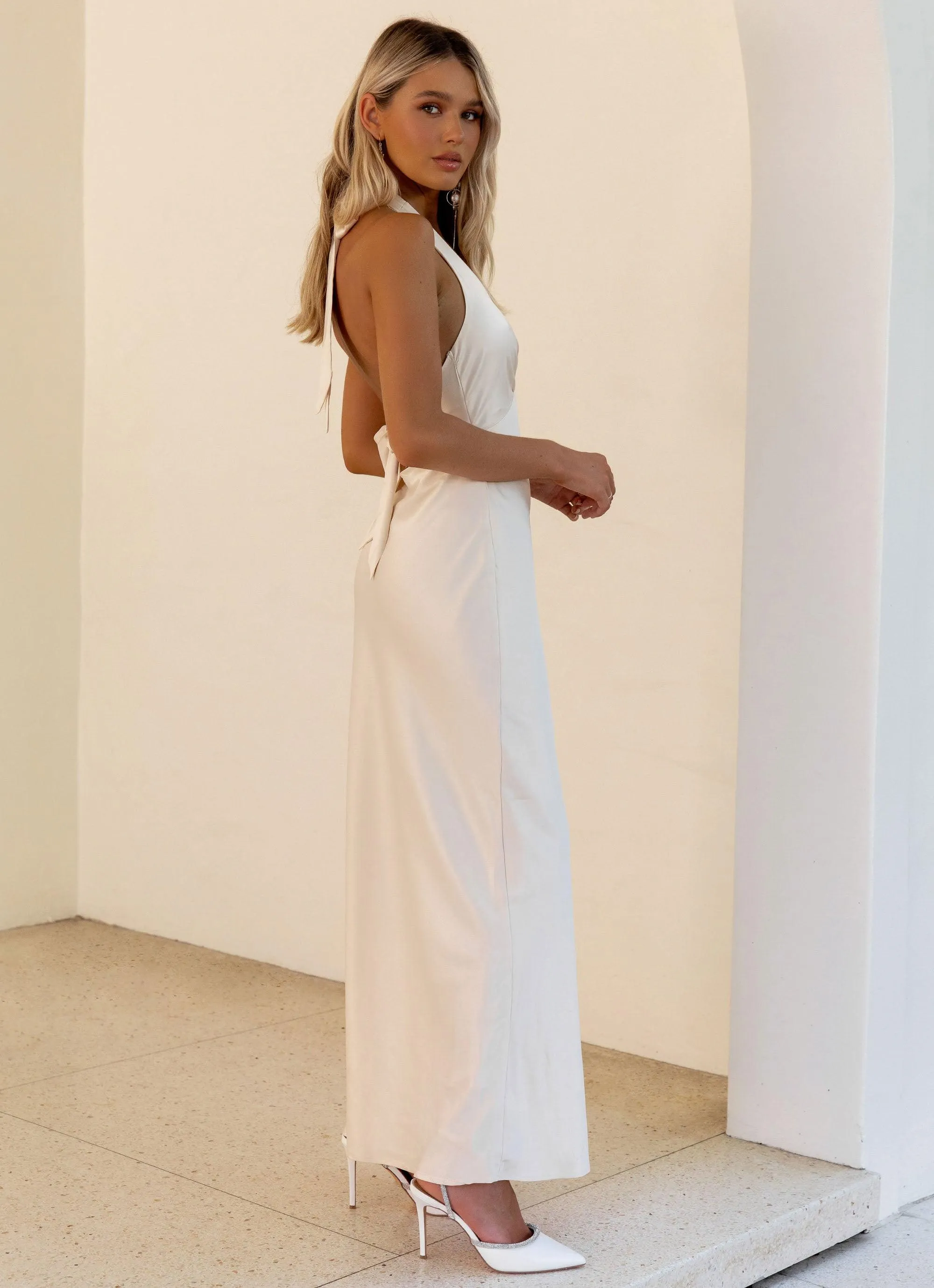 Simple Flow Heavy Hearted Satin Maxi Dress - Pearl
