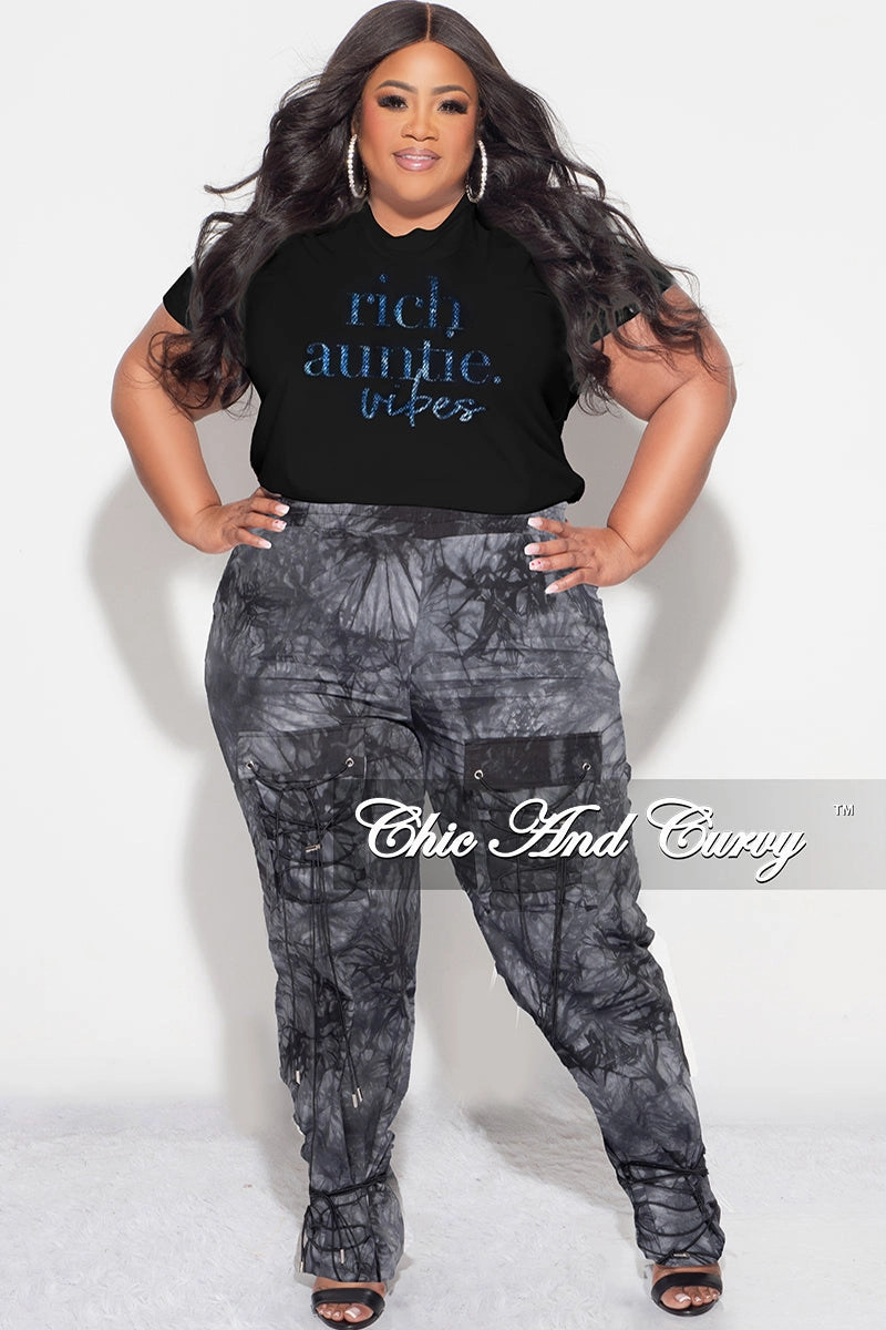 Final Sale Plus Size Sleeveless "Rich Auntie" Graphic Top in Black and Blue Print Comfy Material Relax Mode