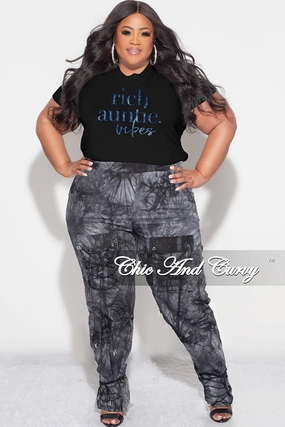 Final Sale Plus Size Sleeveless "Rich Auntie" Graphic Top in Black and Blue Print Comfy Material Relax Mode